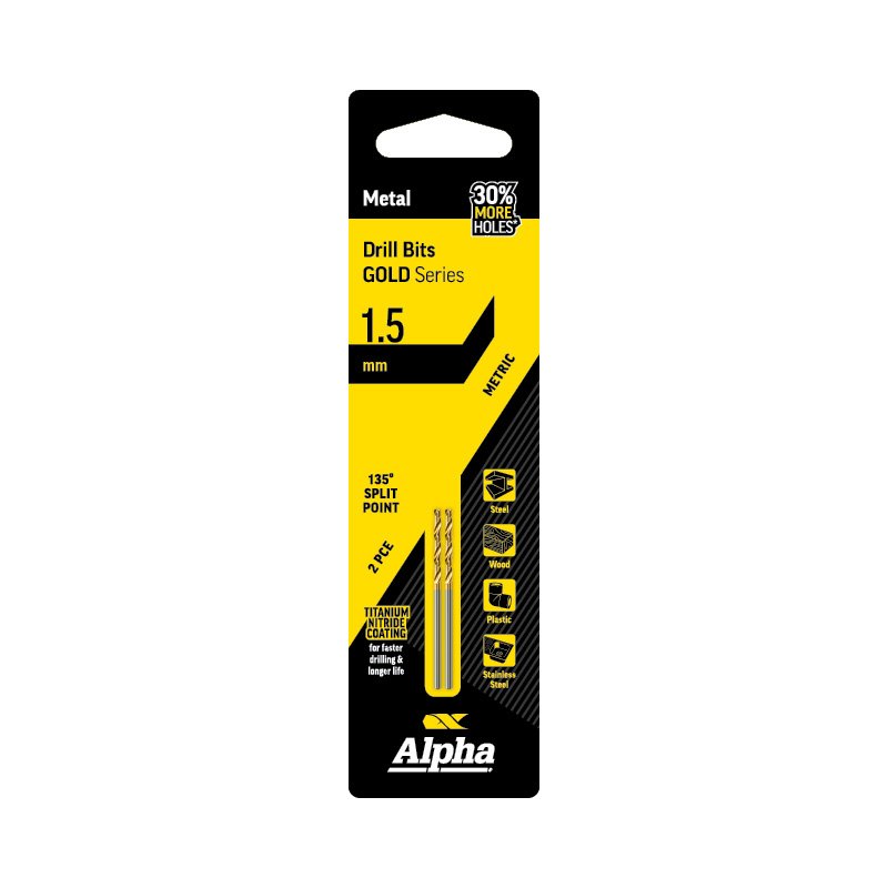 Alpha Gold Series Jobber Drill Metric 1.5mm (Card 2pc)