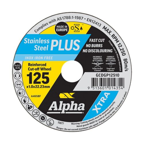Alpha Stainless Steel Plus Cutting Disc 125 x 1mm – 10 Pack Plastic Box